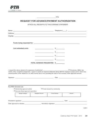 PTA Advance Payment Authorization Form