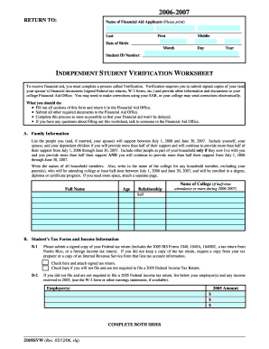 2006-2007 Independent Student Verification Worksheet