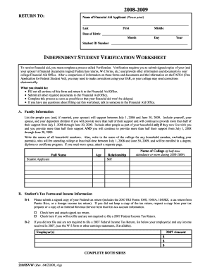 Independent Student Verification Worksheet