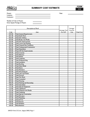 DHCD Form 212 Summary Cost Estimate