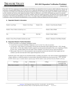 2012-2013 Dependent Verification Worksheet