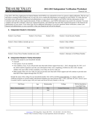 2012-2013 Independent Verification Worksheet