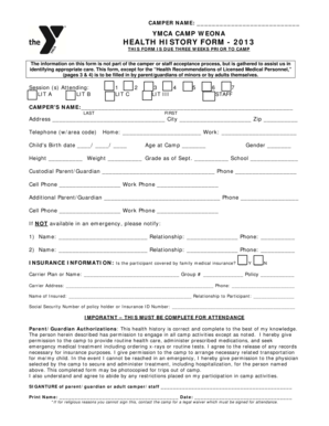 YMCA Camp Weona Health History Form