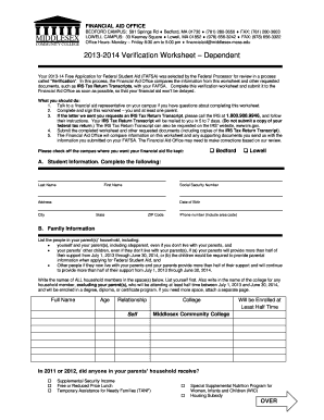 2013-2014 Verification Worksheet Dependent