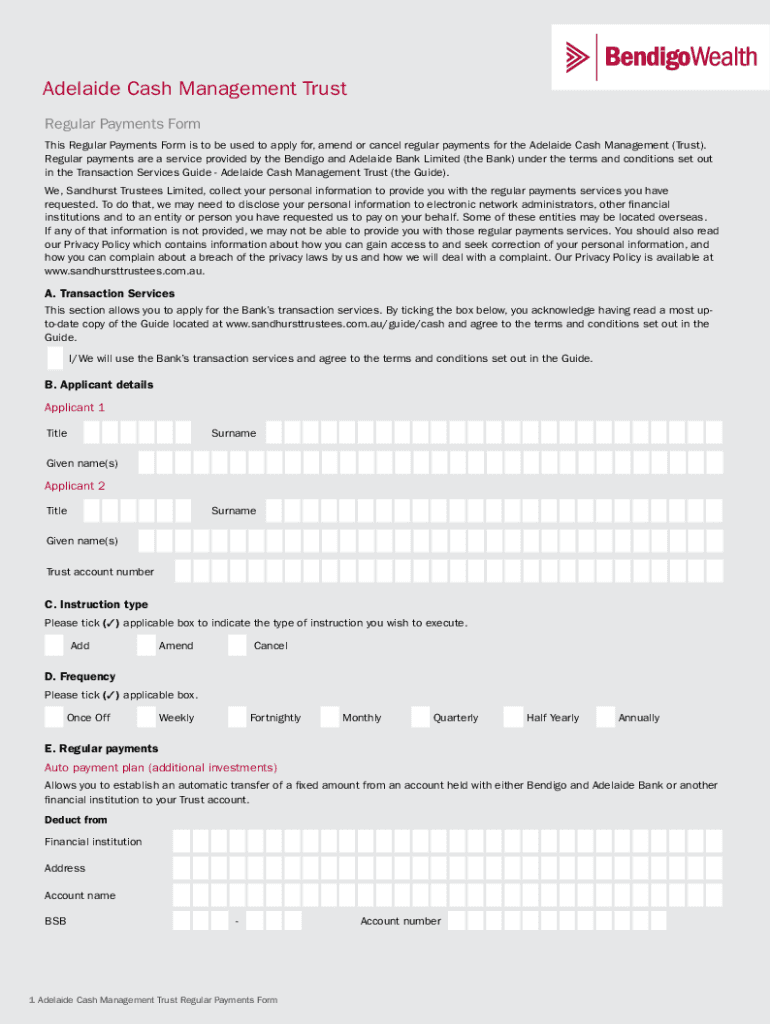Fillable Online Adelaide Cash Management Trust Regular Payments Form