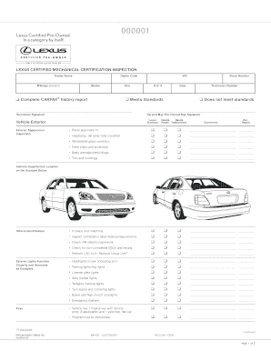 Lexus Certified Pre-Owned Inspection Form