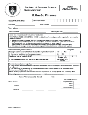 Bachelor of Business Science Curriculum Form