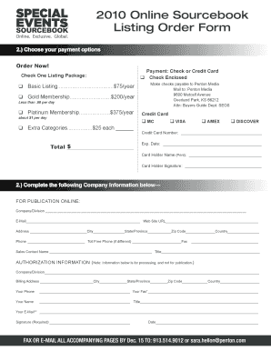 2010 Online Sourcebook Listing Order Form
