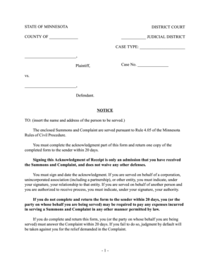 Minnesota Notice and Acknowledgment of Receipt of Summons and Complaint