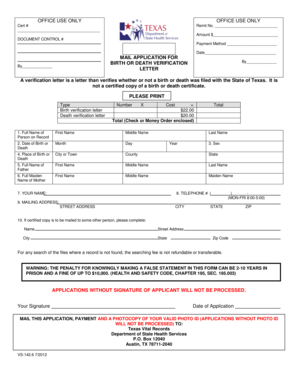 Texas Birth or Death Verification Letter Application