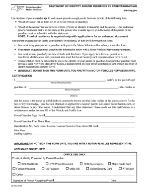 Statement of Identity and Residence by Parent Guardian