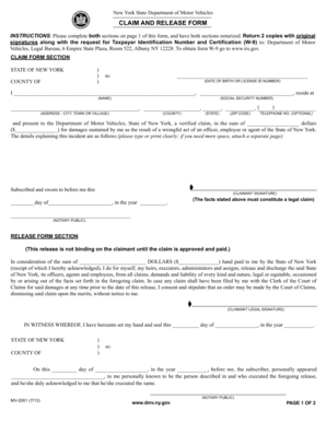 New York DMV Claim and Release Form