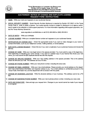 Texas Auctioneer Notice of Change and Duplicate License Request Form