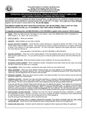 Expedited Application for Dual Vehicle Storage Facility Employee and Towing Operator License