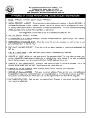 Texas PTP Notice of Change and Duplicate License Request