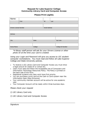 Lake Superior College Library Card and Computer Access Request