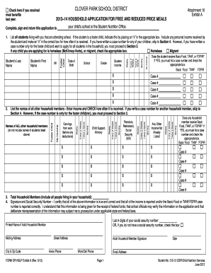 2013–14 Household Application for Free and Reduced Price Meals