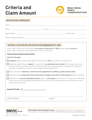 Motor Vehicle Dealers Compensation Fund Claim Form