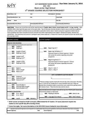 2014-2015 Junior High 6th Grade Course Selection Sheet - Katy