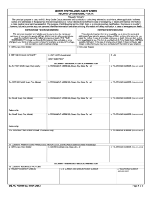 US Army Cadet Corps Emergency Data Form