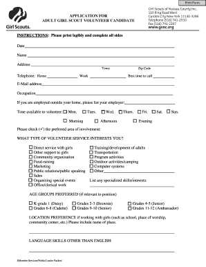 Adult Girl Scout Volunteer Application