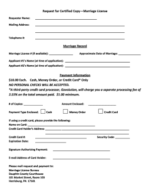 Request for Certified Copy of Marriage License