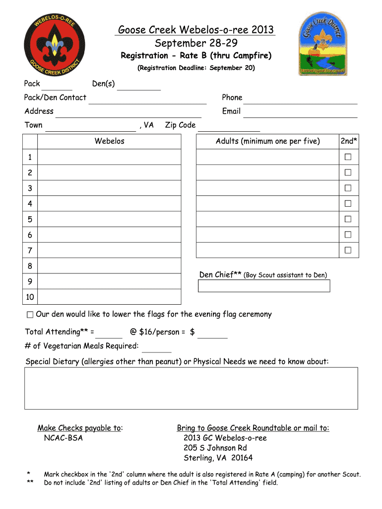 Fillable Online Rate B - Staying for dinner and campfire Fax Email ...
