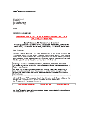 Bard Nordic Medical Device Recall Notice