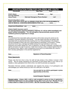 Registration Form for Children and Youth Program