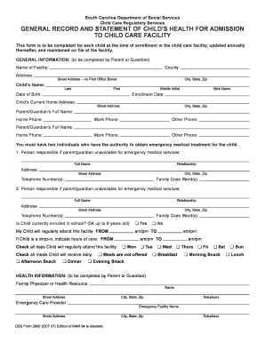 South Carolina Child Care Health Form