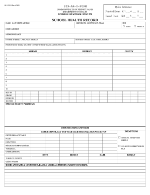 Pennsylvania School Health Record Form