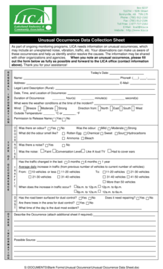 Unusual Occurrence Data Collection Sheet