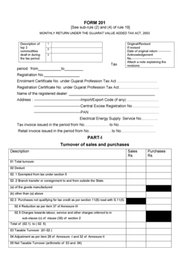 Gujarat Value Added Tax Monthly Return Form 201