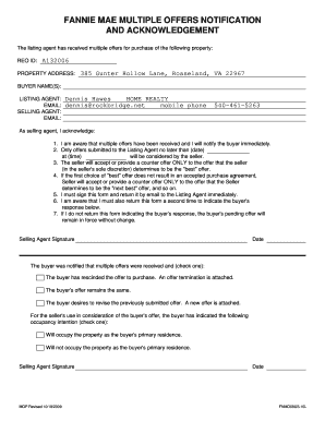 Fannie Mae Multiple Offers Notification and Acknowledgment
