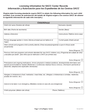 Virginia SACC Center Child Enrollment Form