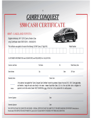 Camry Conquest Cash Certificate