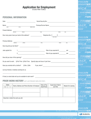 Subaru Employment Application