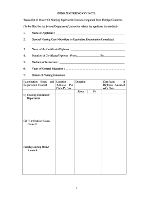 Indian Nursing Council Transcript Form