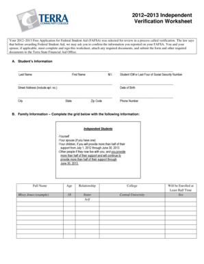 2012–2013 FAFSA Verification Worksheet