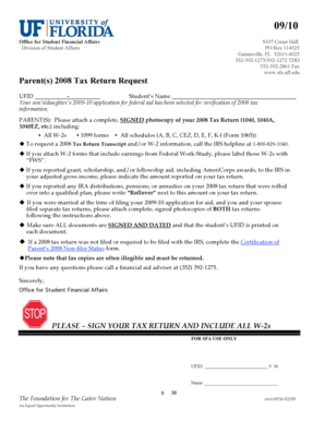 Parent 2008 Tax Return Request