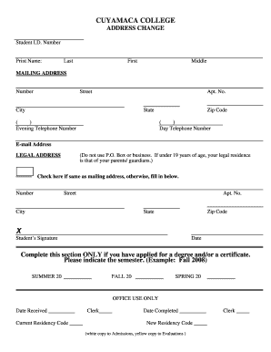 Cuyamaca College Address Change Form