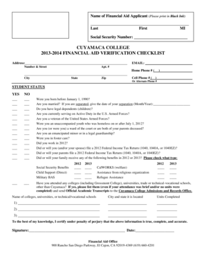 Cuyamaca College Financial Aid Verification Checklist