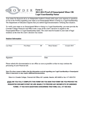 Guardianship arkansas - Form G 2013-2014 Proof of Emancipated Minor OR Legal Guardianship Status Your status for financial aid as an Independent student is based solely upon your response to questions 53-54 on the FAFSA regarding your status as an Emancipated - -