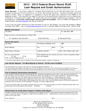 2012-2013 Federal Direct Parent PLUS Loan Request and Credit Authorization