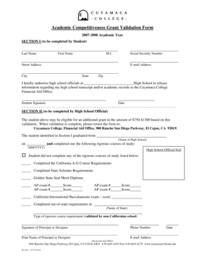 Academic Competitiveness Grant Validation Form