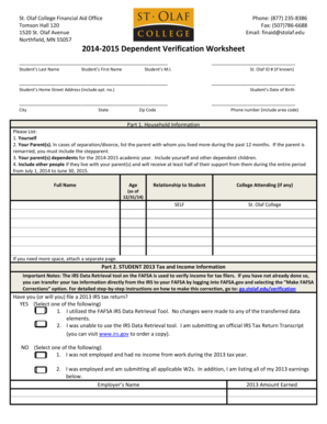 2014-2015 Dependent Verification Worksheet