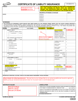 Certificate of Liability Insurance