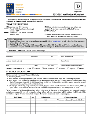 2012-2013 Verification Worksheet