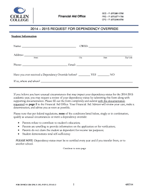 2014-2015 Request for Dependency Override