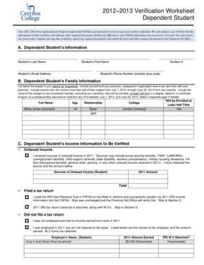 2012–2013 Verification Worksheet Dependent Student